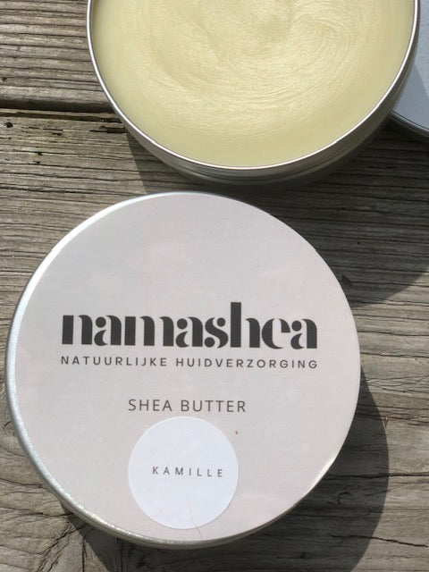 open blik shea boter van Namashea met 100% zuivere kamille rooms olie 